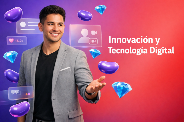 Emprendedor colombiano explicando qué es una agencia Chamet para reclutar hostesses y gestionar subagentes por comisiones en una chamet agency, con estética tecnológica y elementos 3D.