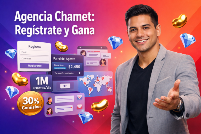Descripción oficial en español para registrarte como agente y ganar comisiones en Chamet, con acceso a 1 millón de usuarios diarios y expansión internacional; guía de chamet agency.