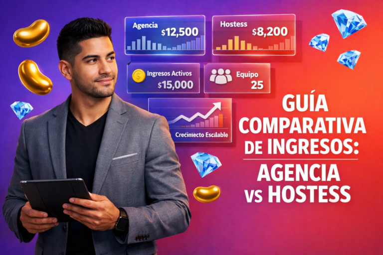 Imagen de una emprendedora colombiana analizando tableros de datos y comparaciones de ingresos entre agencia y hostess en Chamet, con iconos 3D de beans dorados y diamantes azul cielo en un fondo degradado moderno; chamet agency.