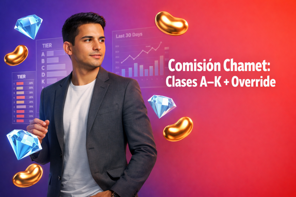 Imagen destacada sobre comisión de la agencia Chamet explicada con un emprendedor colombiano analizando un panel de comisiones A–K, porcentajes e ingresos de los últimos 30 días, con iconos 3D dorados tipo Bean y diamantes azul cielo del ecosistema chamet agency sobre un fondo degradado morado a rojo.