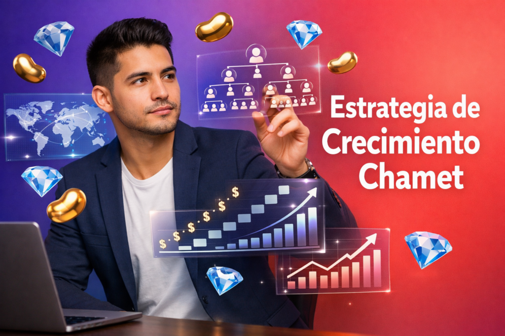Emprendedor colombiano analizando visualizaciones 3D de reclutamiento internacional, equipo multinivel y comisiones a largo plazo para la chamet agency, con iconos de beans dorados y diamantes azul cielo sobre un fondo degradado morado a rojo.