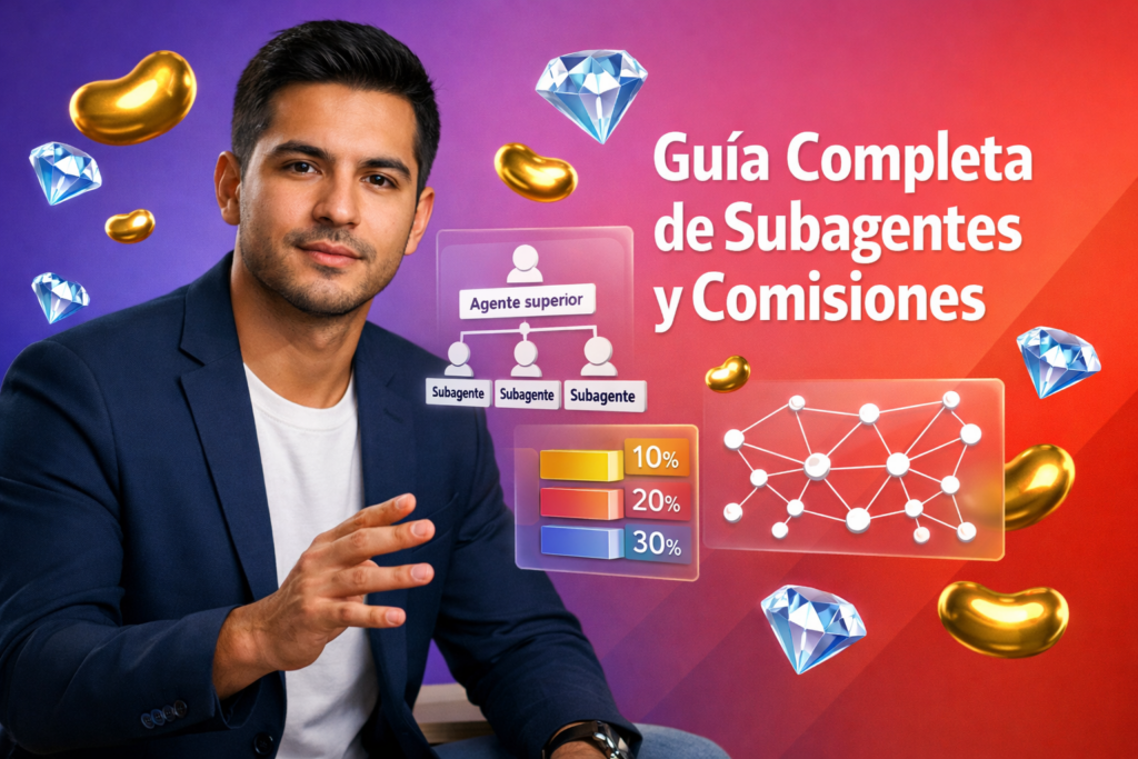 Emprendedor colombiano analizando un diagrama de jerarquía de subagentes y comisiones con interfaz 3D, beans dorados y diamantes azul cielo sobre fondo degradado para explicar la estructura de subagentes; chamet agency.