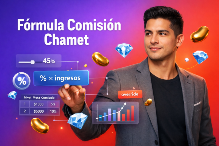 Emprendedor colombiano analizando la fórmula de cálculo de comisión Chamet con paneles 3D de porcentajes, ingresos y override, junto a iconos de beans dorados y diamonds azules en un fondo degradado; chamet agency.