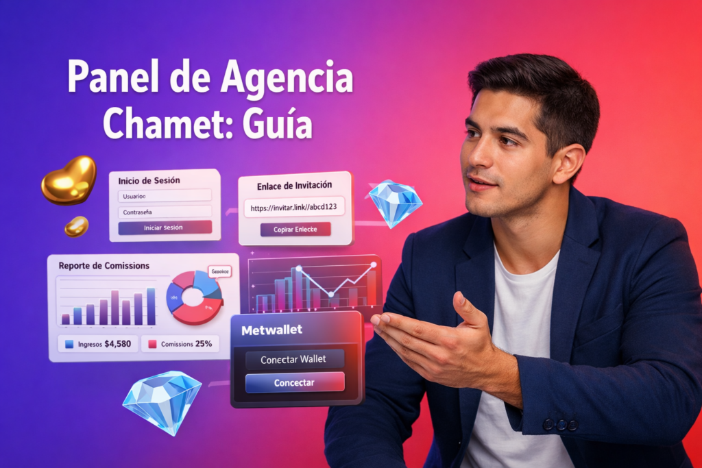 Imagen destacada de una guía del panel de agencia Chamet con emprendedor colombiano en un espacio moderno, mostrando UI 3D de login, enlaces de invitación, reporte de comisiones y conexión de Metwallet para chamet agency.