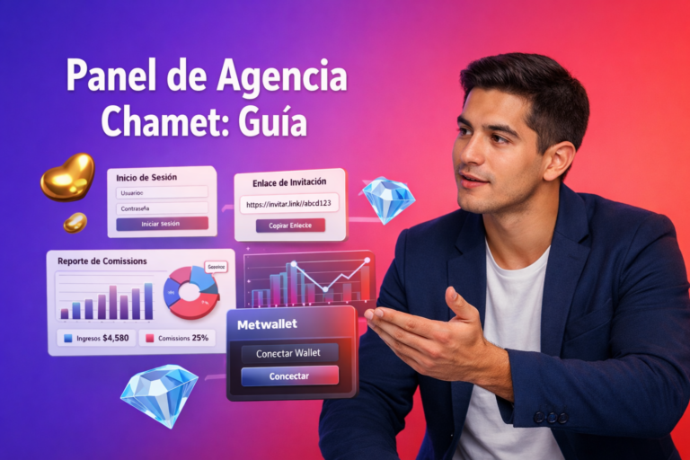Imagen destacada de una guía del panel de agencia Chamet con emprendedor colombiano en un espacio moderno, mostrando UI 3D de login, enlaces de invitación, reporte de comisiones y conexión de Metwallet para chamet agency.