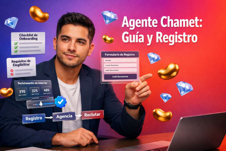 Imagen destacada de un emprendedor colombiano en un espacio de trabajo moderno con paneles 3D de registro, verificación y reclutamiento para explicar cómo convertirse en agente Chamet y crear una chamet agency.