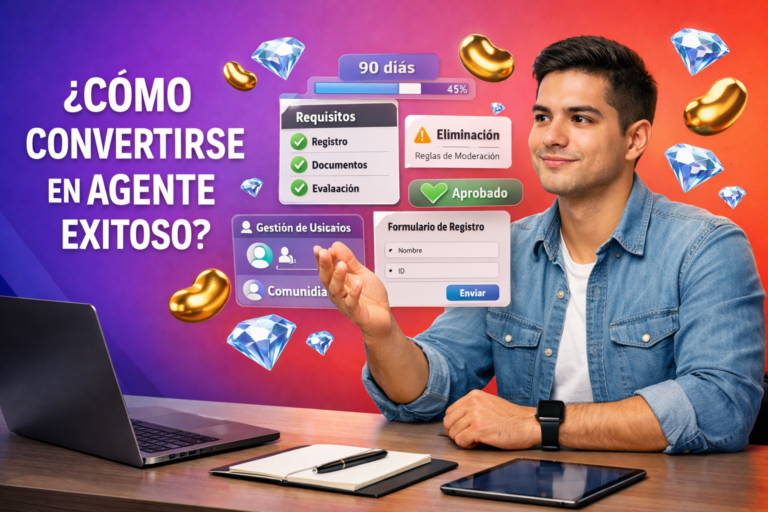 Imagen destacada de una emprendedora colombiana en un entorno tecnológico con interfaces 3D sobre requisitos, regla de eliminación y plan de 90 días para que una hostess Chamet pueda convertirse en agente; incluye iconos de beans dorados y diamonds azul cielo tipo chamet agency.