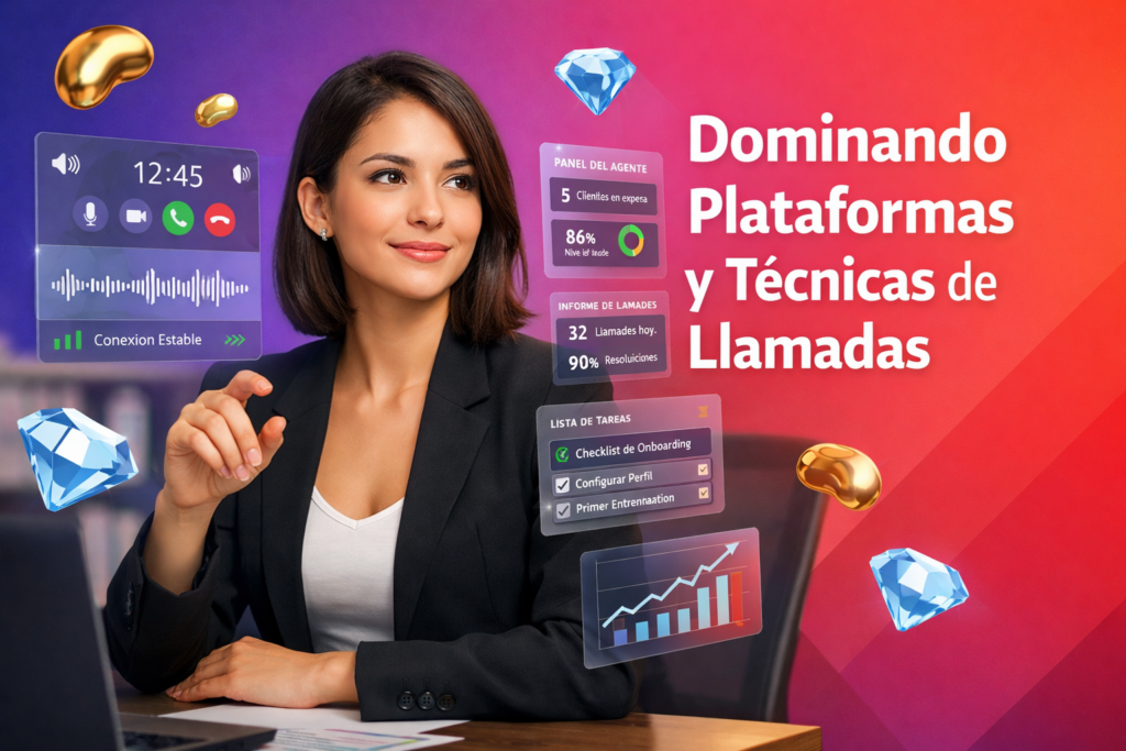 Emprendedora colombiana en un espacio de trabajo moderno con paneles 3D de llamadas y métricas, más iconos de bean dorado y diamond azul, explicando por qué las hostesses con experiencia en Chamet son buenas agentes para chamet agency.