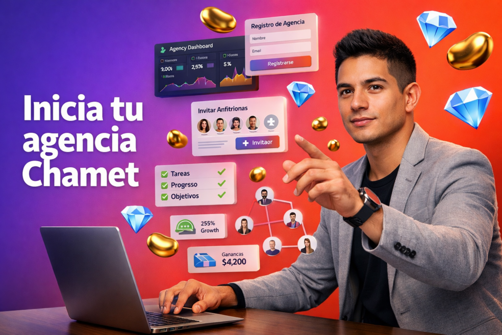 Emprendedora colombiana en un espacio de trabajo moderno con paneles 3D de registro, invitación de hostesses y creación de equipo para iniciar una chamet agency siendo hostess.