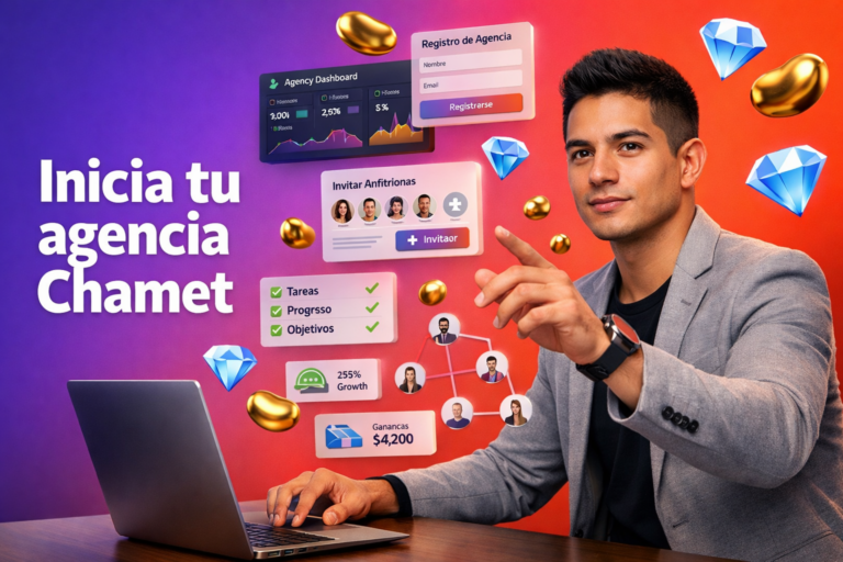 Emprendedora colombiana en un espacio de trabajo moderno con paneles 3D de registro, invitación de hostesses y creación de equipo para iniciar una chamet agency siendo hostess.