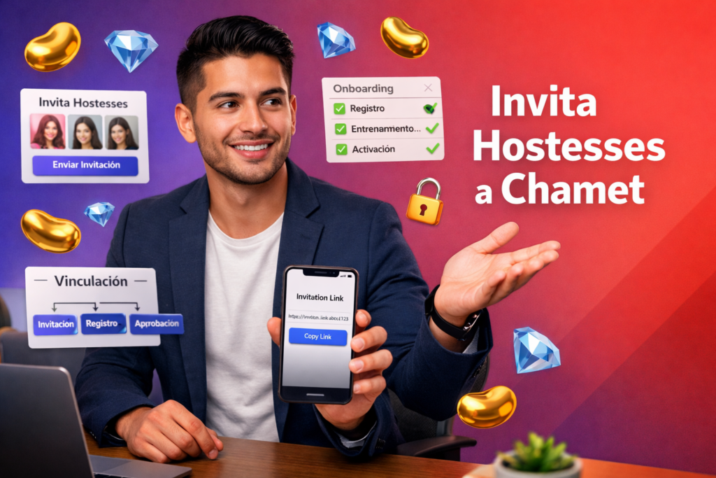 Emprendedor colombiano mostrando cómo invitar hostesses a la agencia Chamet con enlace de invitación, proceso de vinculación y reglas de registro en chamet agency.