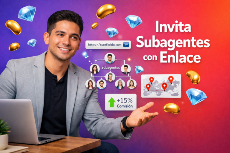 Emprendedor colombiano en un espacio de trabajo moderno invitando a subagentes con enlace de referencia y estrategia de crecimiento, con UI 3D de red de usuarios, comisión override y elementos Bean y Diamond de chamet agency.