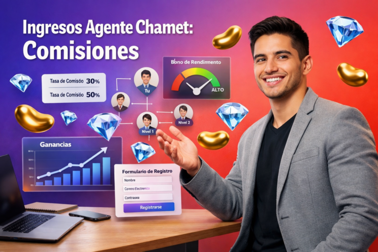 Emprendedor colombiano en un entorno tecnológico con paneles 3D de comisiones, override de subagentes y rendimiento del modelo de ingresos del agente Chamet, con iconos Bean dorados y Diamond azul cielo; guía para escalar ingresos en chamet agency.