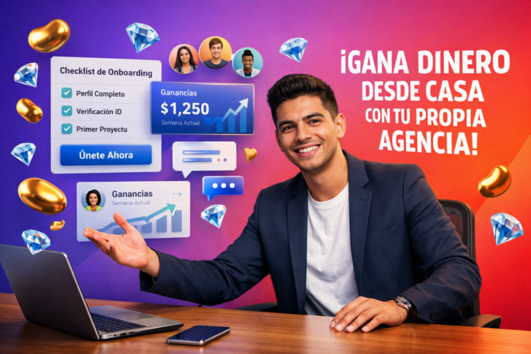 Emprendedor colombiano mostrando una oportunidad de negocio con agencia Chamet en un entorno tecnológico con interfaz 3D, iconos de frijoles dorados y diamantes azules, y enfoque en ingresos remotos y registro como chamet agency.