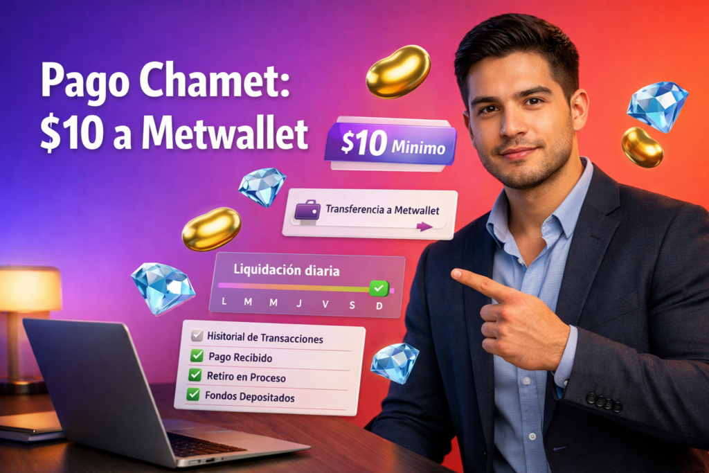 Guía visual del proceso de pago de la agencia Chamet: mínimo de $10, transferencia a Metwallet y liquidación diaria, con interfaz financiera y elementos 3D; chamet agency.