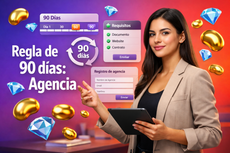 Imagen destacada de una emprendedora colombiana analizando el reinicio de 90 días y los requisitos para abrir y registrar una agencia de hostess en Chamet, con paneles 3D de registro, checklist y gestión de equipo tipo chamet agency.