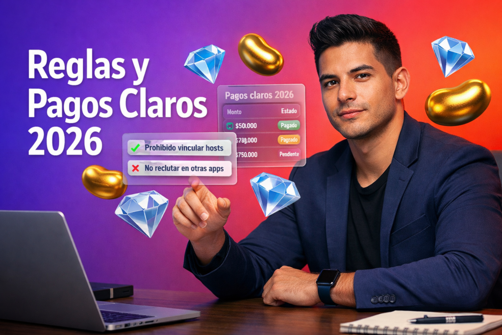 Imagen destacada sobre reglas y políticas de la agencia Chamet con enfoque en transparencia de pagos 2026, elementos UI de cumplimiento y beans y diamantes; chamet agency aparece en un entorno de trabajo moderno.