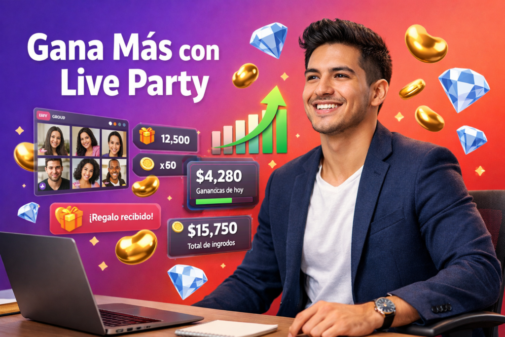 Emprendedor colombiano en un espacio de trabajo moderno interactuando con elementos 3D de transmisión grupal, multiinvitado y regalos, con iconos de beans dorados y diamantes azules para explicar la Función Live Party de Chamet y cómo monetizar como chamet agency.