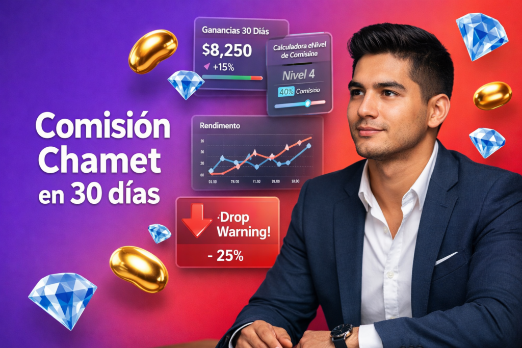 Emprendedor colombiano analizando ingresos móviles de 30 días en Chamet con paneles 3D de comisión, rendimiento y alertas de caída en un entorno tecnológico; chamet agency.