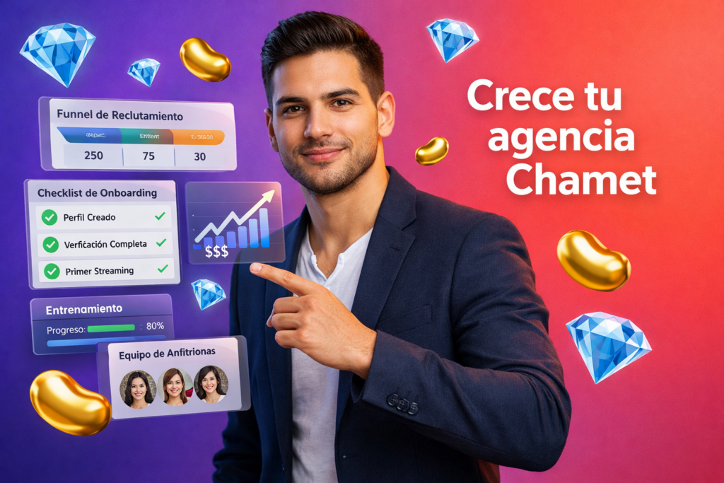 Emprendedor colombiano analizando paneles 3D de reclutamiento, capacitación y crecimiento de ingresos con iconos de frijoles dorados y diamantes azules en un fondo degradado, para escalar una chamet agency.