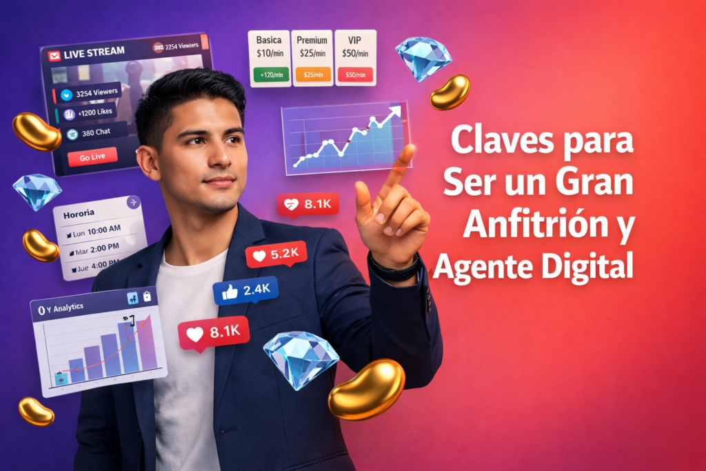 Emprendedor colombiano en un espacio de trabajo moderno con paneles 3D de transmisión, precios de llamadas y métricas de engagement, rodeado de iconos de beans dorados y diamantes azules; guía de habilidades de agencia aprendidas como hostess para chamet agency.