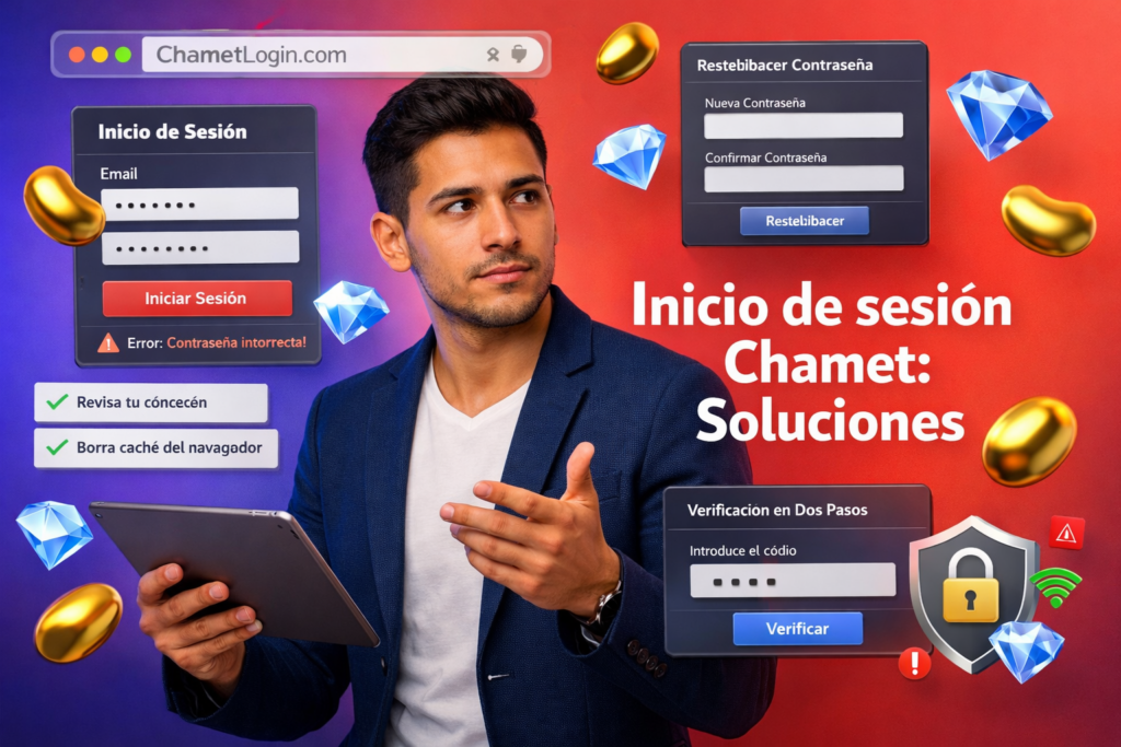 Emprendedor colombiano en un espacio de trabajo moderno, analizando errores de acceso y restablecimiento de contraseña en Chamet con paneles UI flotantes, íconos 3D de beans dorados y diamonds azul cielo; guía para agentes de chamet agency.