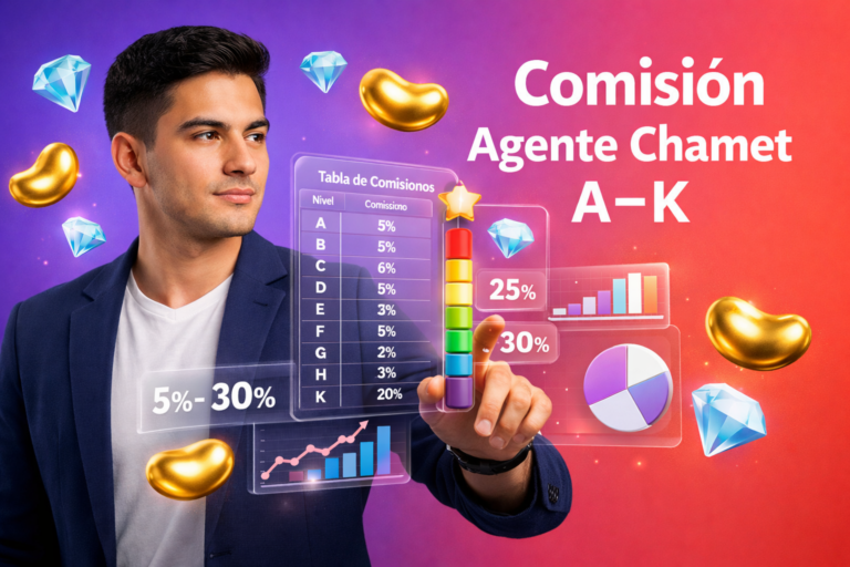 Imagen destacada sobre Comisión de agente Chamet Clase A a K con tabla A–K, rango 5%–30% y elementos UI 3D de analítica y crecimiento en un espacio de trabajo moderno; incluye iconos de beans dorados y diamantes azul cielo, estilo tech. chamet agency
