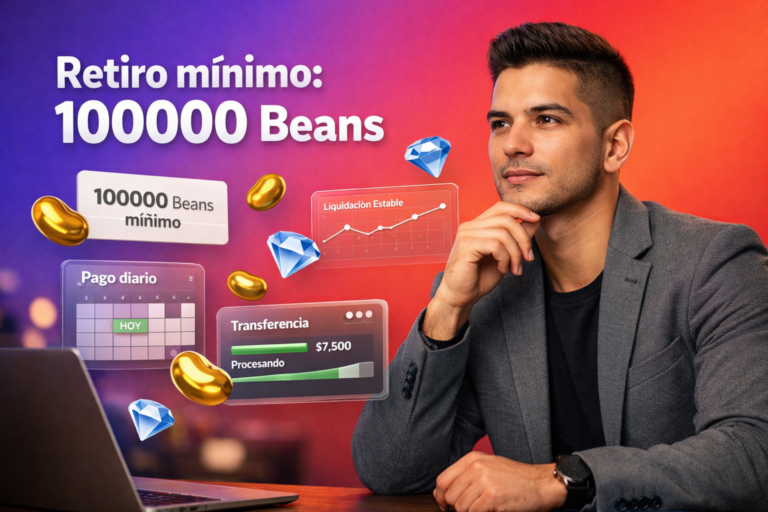 Emprendedor colombiano en un espacio de trabajo moderno con paneles 3D sobre límite de retiro en Chamet, mínimo 100000 beans y pago diario, con iconos de Beans dorados y Diamonds azul cielo; guía para chamet agency.