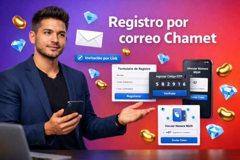 Imagen destacada de una guía técnica sobre el Registro de anfitriona Chamet por correo electrónico, con una emprendedora colombiana en un entorno tecnológico y elementos visuales de email, invitación y verificación móvil; chamet agency.