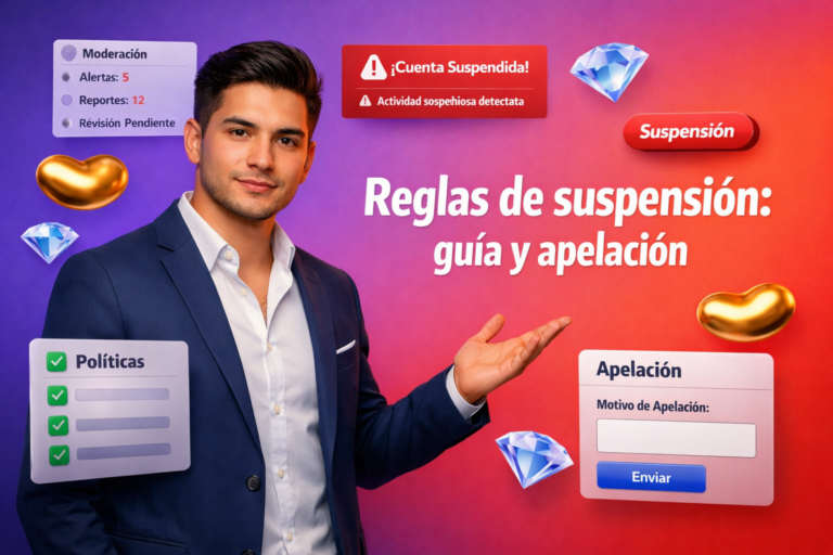 Imagen destacada sobre Reglas de suspensión en Chamet con emprendedor colombiano en entorno tecnológico y paneles 3D de moderación, políticas y apelación para evitar sanciones y crecer como chamet agency.