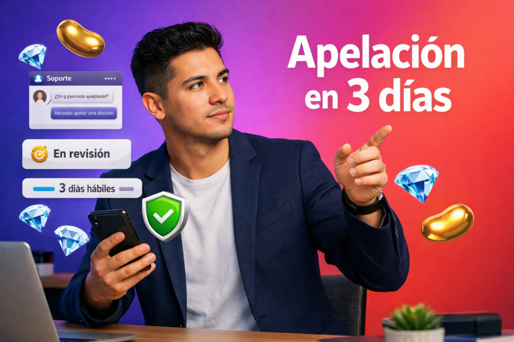 Emprendedor colombiano en oficina moderna con elementos 3D de soporte técnico, ticket en revisión, formulario de quejas y línea de tiempo de 3 días hábiles, con iconos dorados de frijoles y diamantes azul cielo; guía de contacto de soporte para chamet agency.