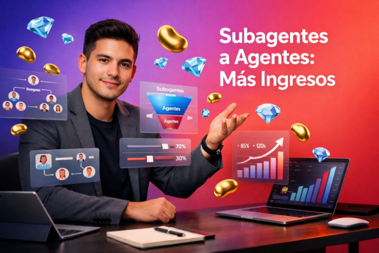 Emprendedor colombiano en oficina moderna interactuando con paneles 3D de estructura de equipo, conversión de subagentes a agentes y gráficos de ingresos con iconos de frijol dorado y diamante azul; guía sobre Convertir subagentes Chamet en agentes en chamet agency.