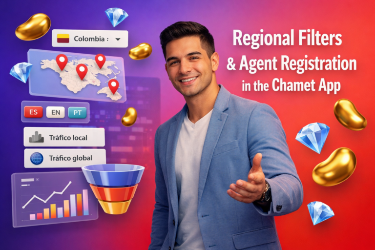 Emprendedor colombiano en oficina moderna usando filtros regionales en Chamet con UI 3D de países, idioma y tráfico local, con iconos de frijoles dorados y diamantes azules; guía para registrarse como agente chamet agency.