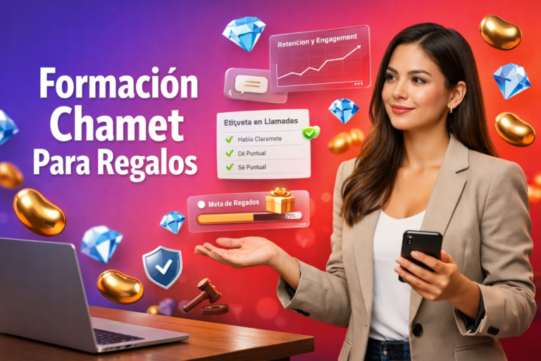 Guía visual de formación de anfitrionas Chamet con consejos de chat, etiqueta de llamadas, estrategias de regalos y retención para creadoras, orientada a chamet agency.