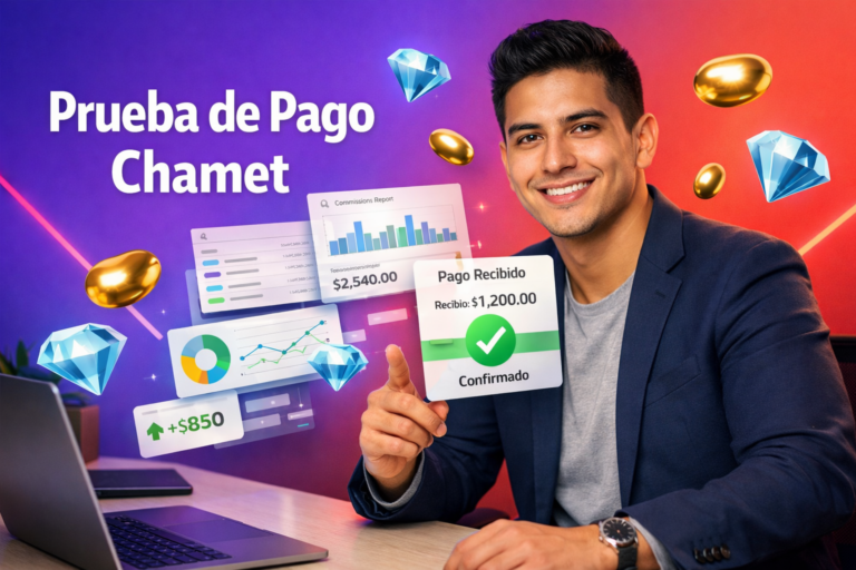 Imagen destacada sobre Transparencia de ingresos de agencia Chamet con panel de comisiones, contabilidad honesta y comprobante de pago, mostrando un emprendedor colombiano en un entorno tech de chamet agency.