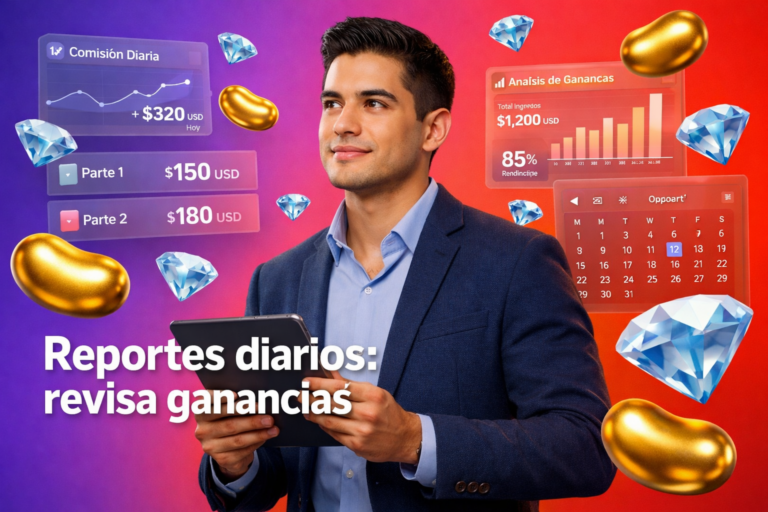 Emprendedor colombiano analiza reportes diarios de comisión Chamet con paneles 3D de ingresos y rendimiento, beans dorados y diamantes azules en estilo tech; guía para chamet agency.
