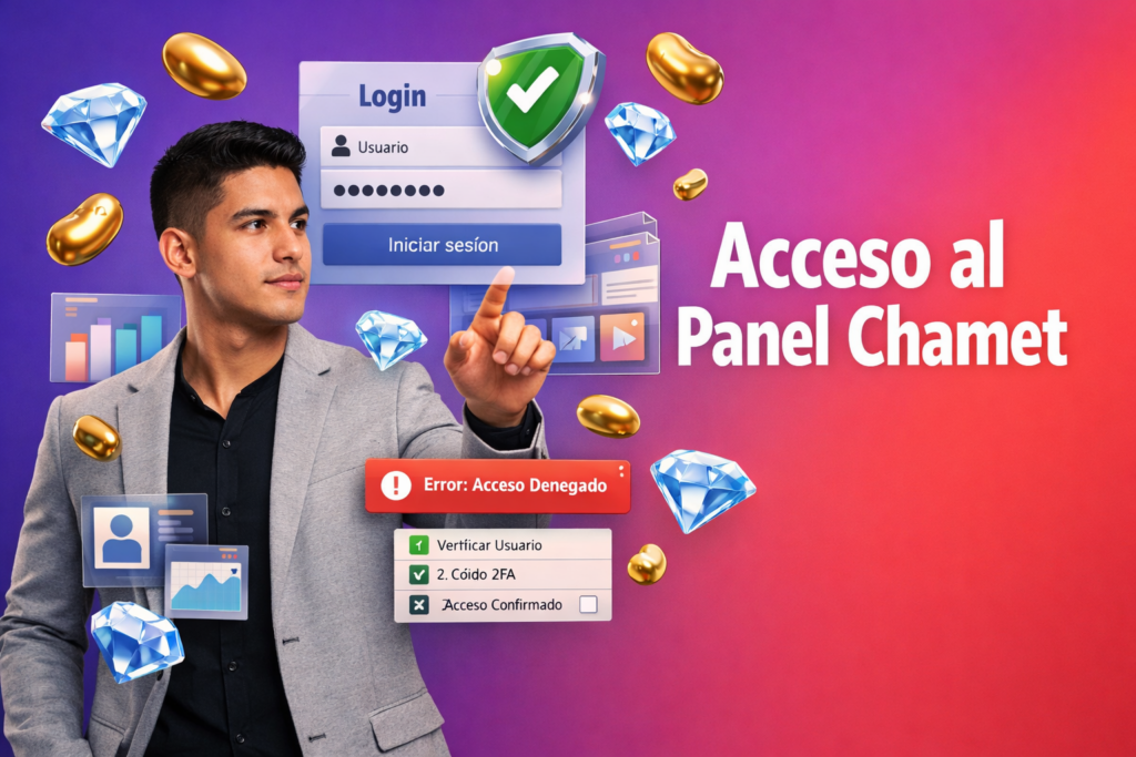 Guía visual para el login del agente Chamet y el acceso al panel, con interfaz de inicio de sesión segura, pasos y solución de errores para chamet agency.