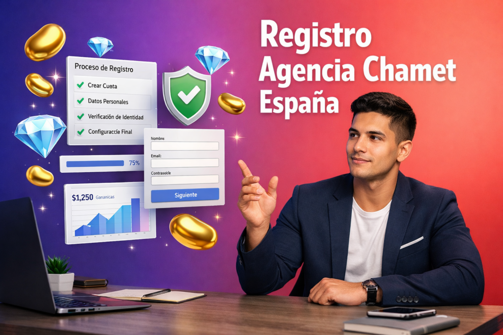Emprendedor colombiano en oficina moderna usando interfaz 3D para registro de agencia Chamet España con elementos de seguridad y paneles de formulario; chamet agency con iconos flotantes de beans dorados y diamonds azul cielo.