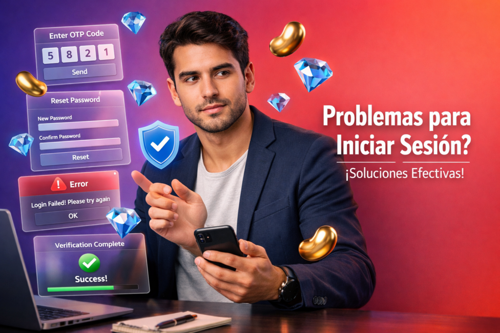 Emprendedor colombiano en espacio de trabajo tech resolviendo errores de acceso, OTP y restablecimiento de contraseña para chamet agency con elementos 3D y estética profesional.