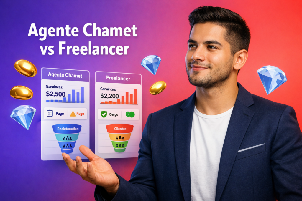 Emprendedor colombiano comparando ingresos y riesgos entre agente Chamet y trabajo freelancer en un panel de análisis con gráficos y elementos 3D; estilo tech con beans dorados y diamantes azules, chamet agency.