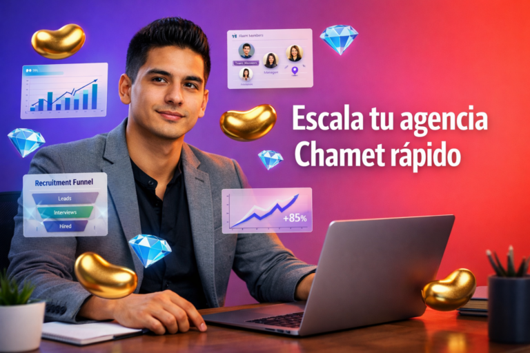 Emprendedor colombiano en oficina moderna con paneles 3D de analítica, reclutamiento y crecimiento para aprender cómo escalar una agencia Chamet rápido en chamet agency.