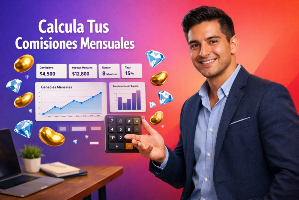 Emprendedor colombiano analizando un panel de comisiones e ingresos mensuales con datos del equipo, beans dorados y diamonds azules en un entorno tech para explicar ingresos mensuales agencia Chamet en chamet agency.