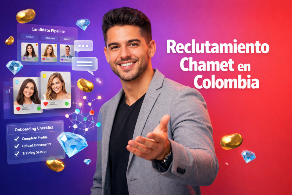Emprendedor colombiano en espacio de trabajo moderno con paneles 3D de reclutamiento y redes sociales, iconos de Beans dorados y Diamonds azul cielo, ilustrando reclutamiento Chamet Colombia para chamet agency.