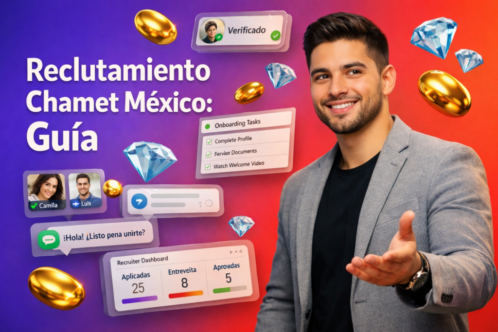 Imagen destacada sobre reclutamiento Chamet México para agentes en RRSS: emprendedor colombiano en un entorno tech con paneles 3D de onboarding, comunidad y embudo de candidatos, con iconos de Bean dorados y Diamond azul cielo para chamet agency.
