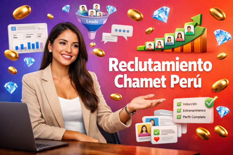 Emprendedora colombiana en un espacio de trabajo moderno con paneles 3D de reclutamiento, embudo de leads y elementos sociales, acompañada de iconos Bean dorados y Diamond azules; guía de reclutamiento Chamet Perú para crecer como chamet agency.